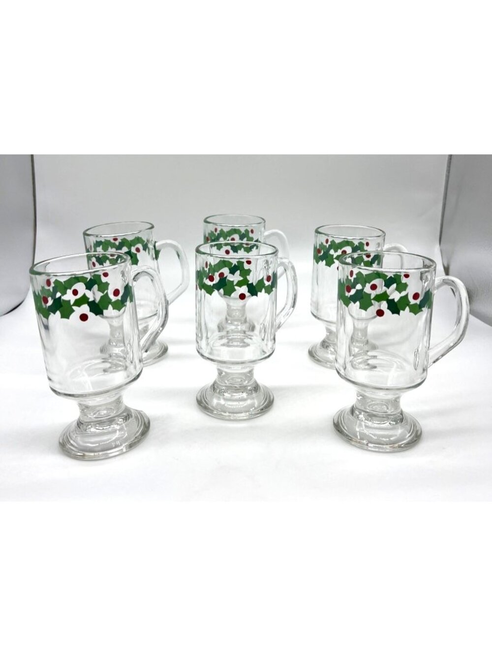 Set Of 6 LIbby Glass Pedestal Mugs With Christmas Holly & Berry Design - 5" Tall